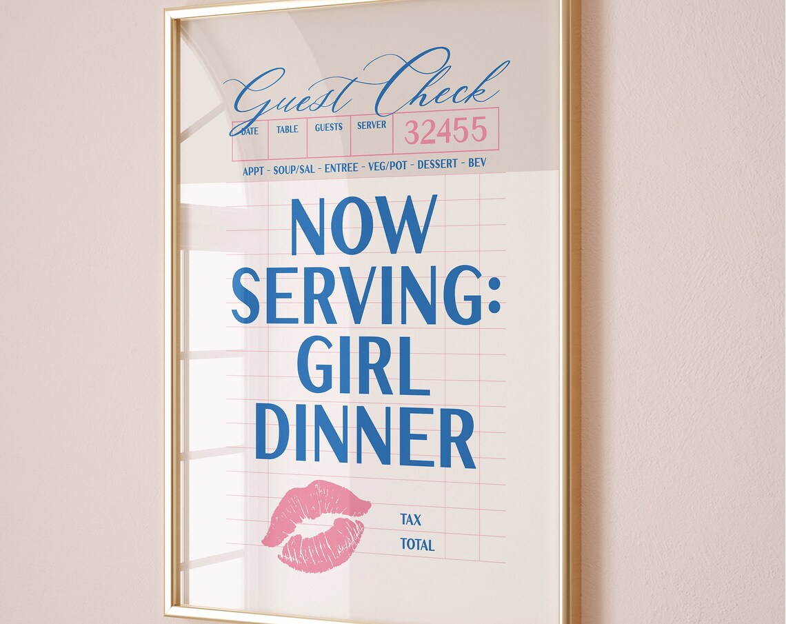 Girl Dinner Funny Kitchen Poster, Coastal Bar Cart Decor