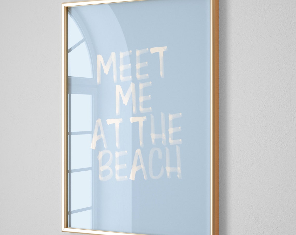 Meet Me At The Beach White Brush Script Coastal Blue Art Poster - Image 2