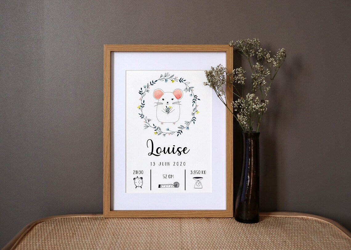 Personalised Mouse Birth Poster, Watercolor Art Print