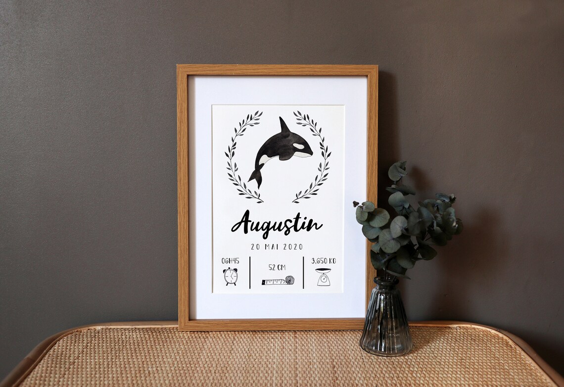 Personalized Orca Watercolor Birth Art Print