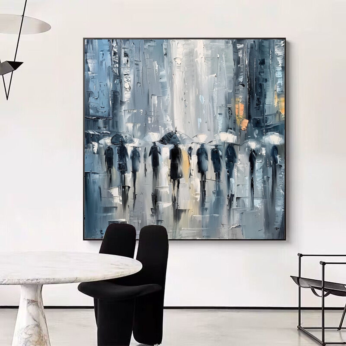 Moody Rainy City Street Crowd With Umbrellas Abstract Oil Poster - Image 6