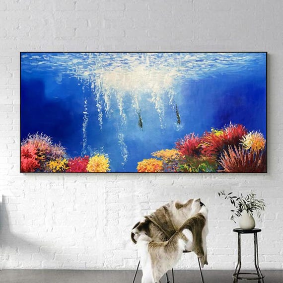 Hand Painted Seascape Oil Painting Vibrant Blue Ocean With Colorful Coral And Diver Textured Layered Art For Living Room Entryway
