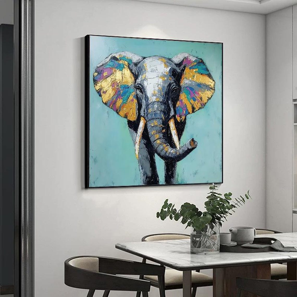 Wise Elephant Portrait With Paint Splashed Colorful Ears Square Poster - Image 3