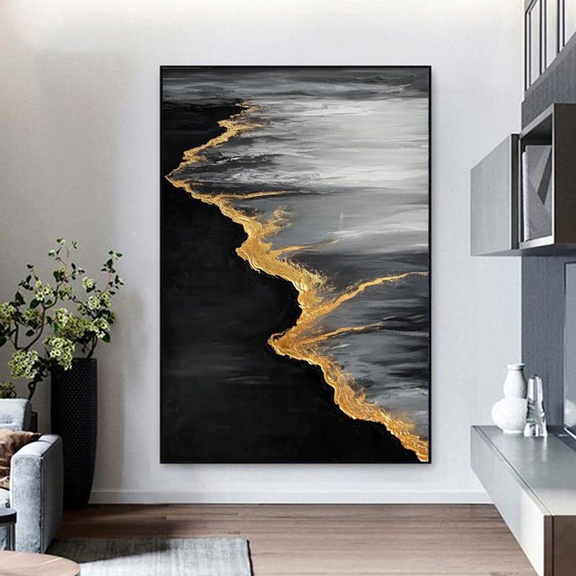 Black Sand Beach With a Golden Foil Shoreline Abstract Wall Art