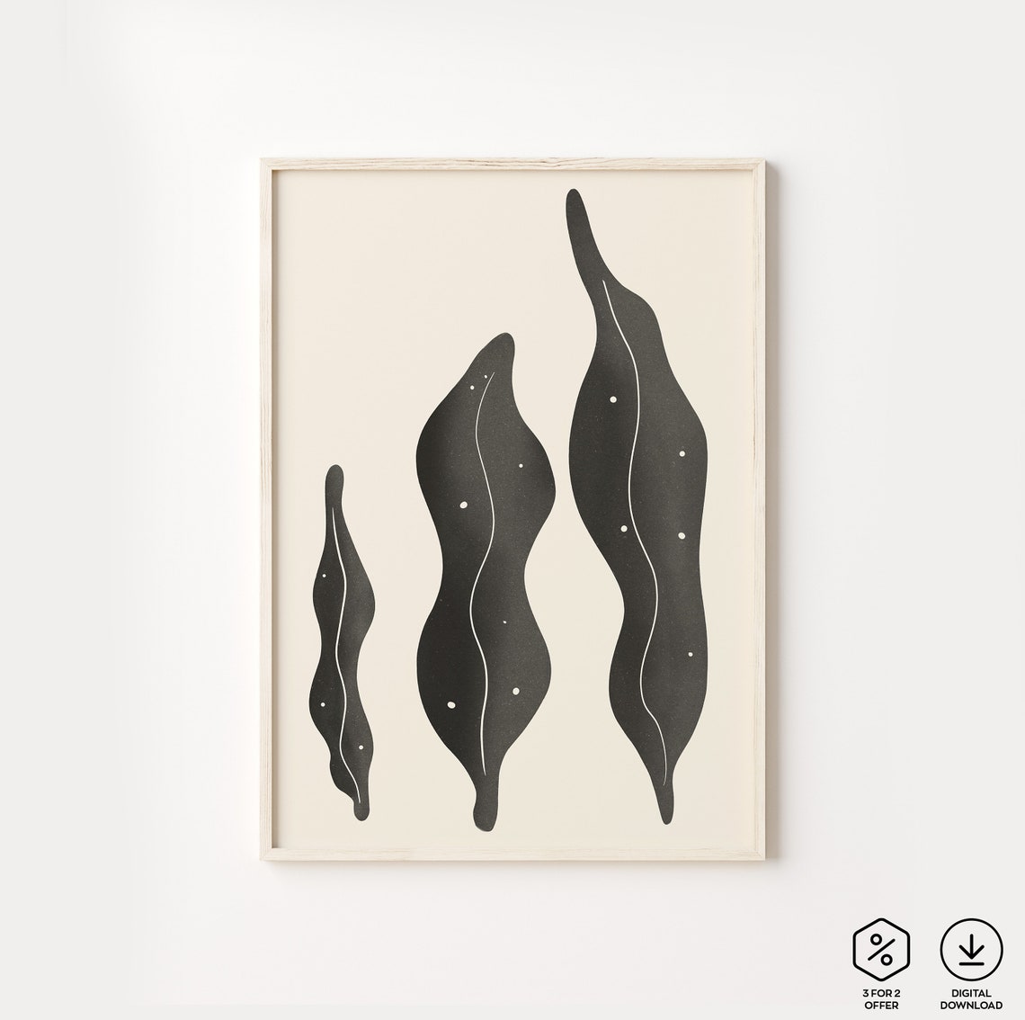 Three Dark Botanical Leaves White Vein Lines Minimalist Poster