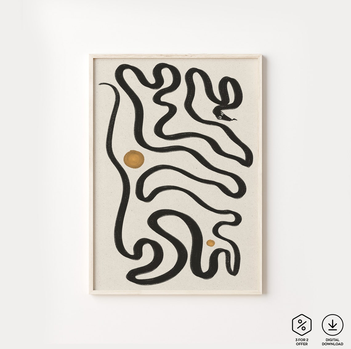 Black Serpentine Snake Lines Gold Dots Abstract Minimalist Art Poster