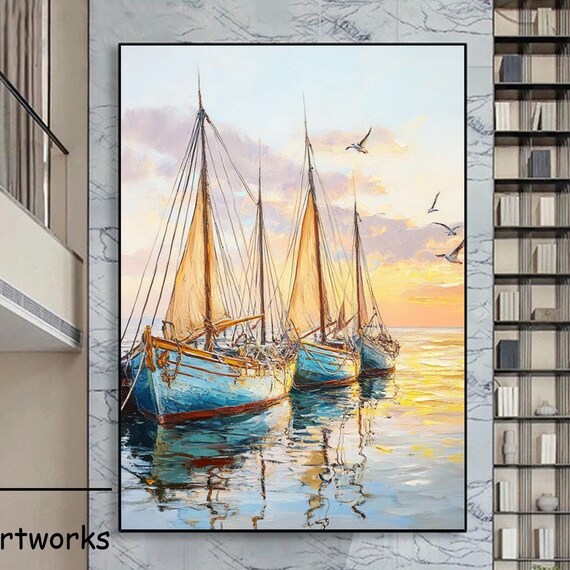 Sailboats at Golden Sunset Harbor With Seagulls Oil Painting Poster