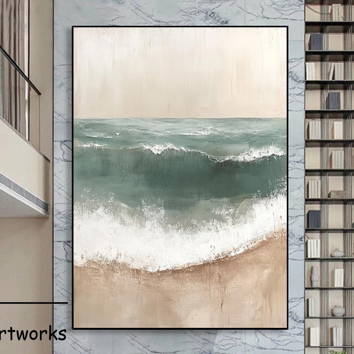 Emerald Ocean Waves On Beige Sand Minimalist Coastal Art Poster