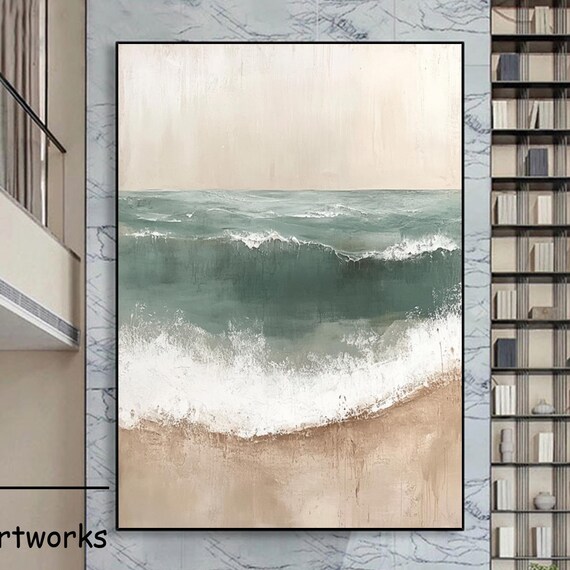 Emerald Ocean Waves On Beige Sand Minimalist Coastal Art Poster