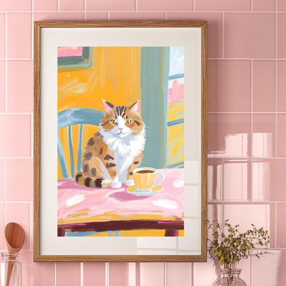 Tabby Cat, Cute Vintage Coffee Illustration