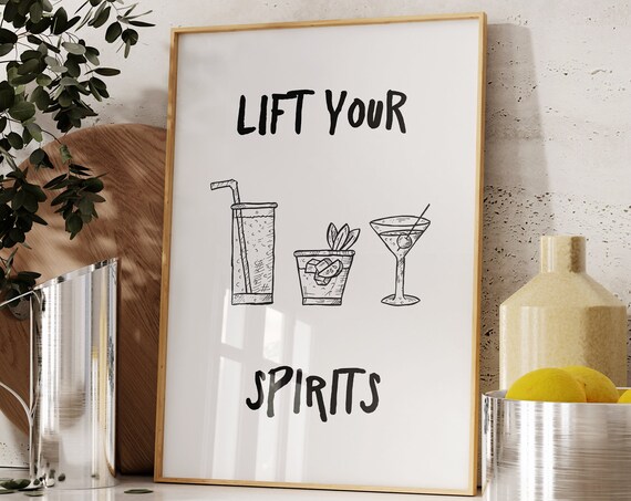 Lift Your Spirits Cocktail Sketch Funny Retro Bar Cart Art Poster