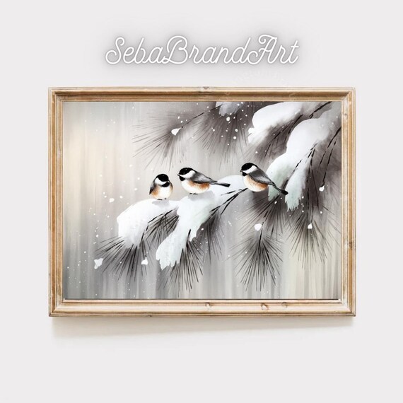 Yokoyama Taikan Style Winter Chickadees On Snowy Pines Japanese Nihonga Wall Art Instant