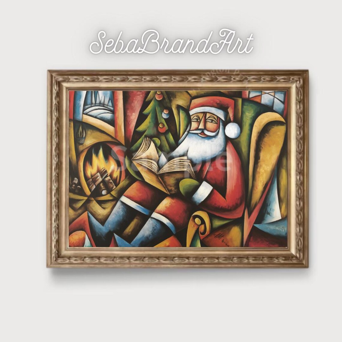 Santa Claus Reading Book By Fireplace Cubist Style Holiday Art Poster - Image 2