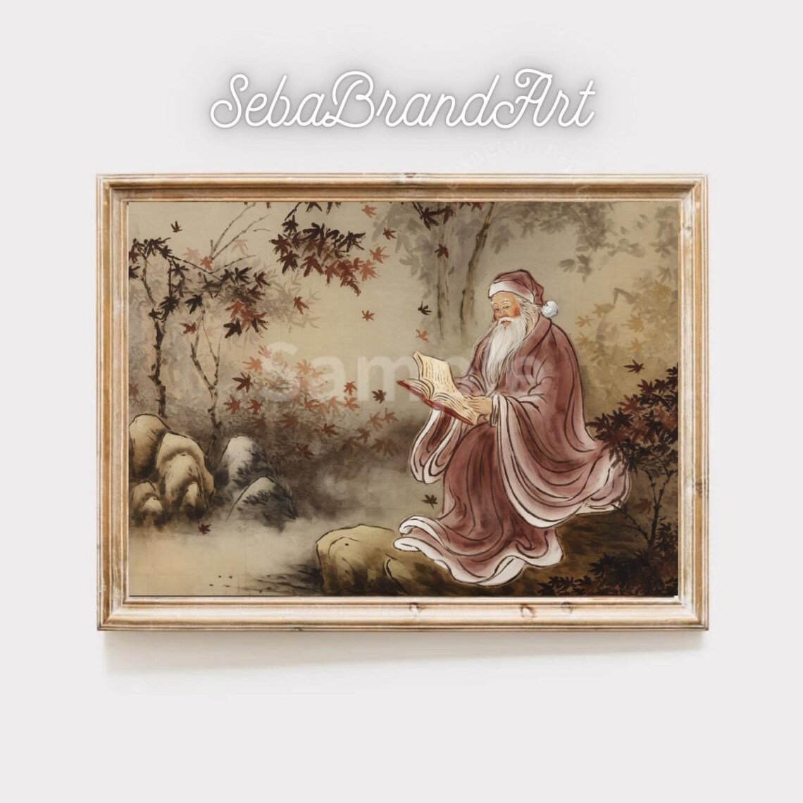 Santa Claus Reading Book Chinese Ink Painting Maple Forest Art Poster