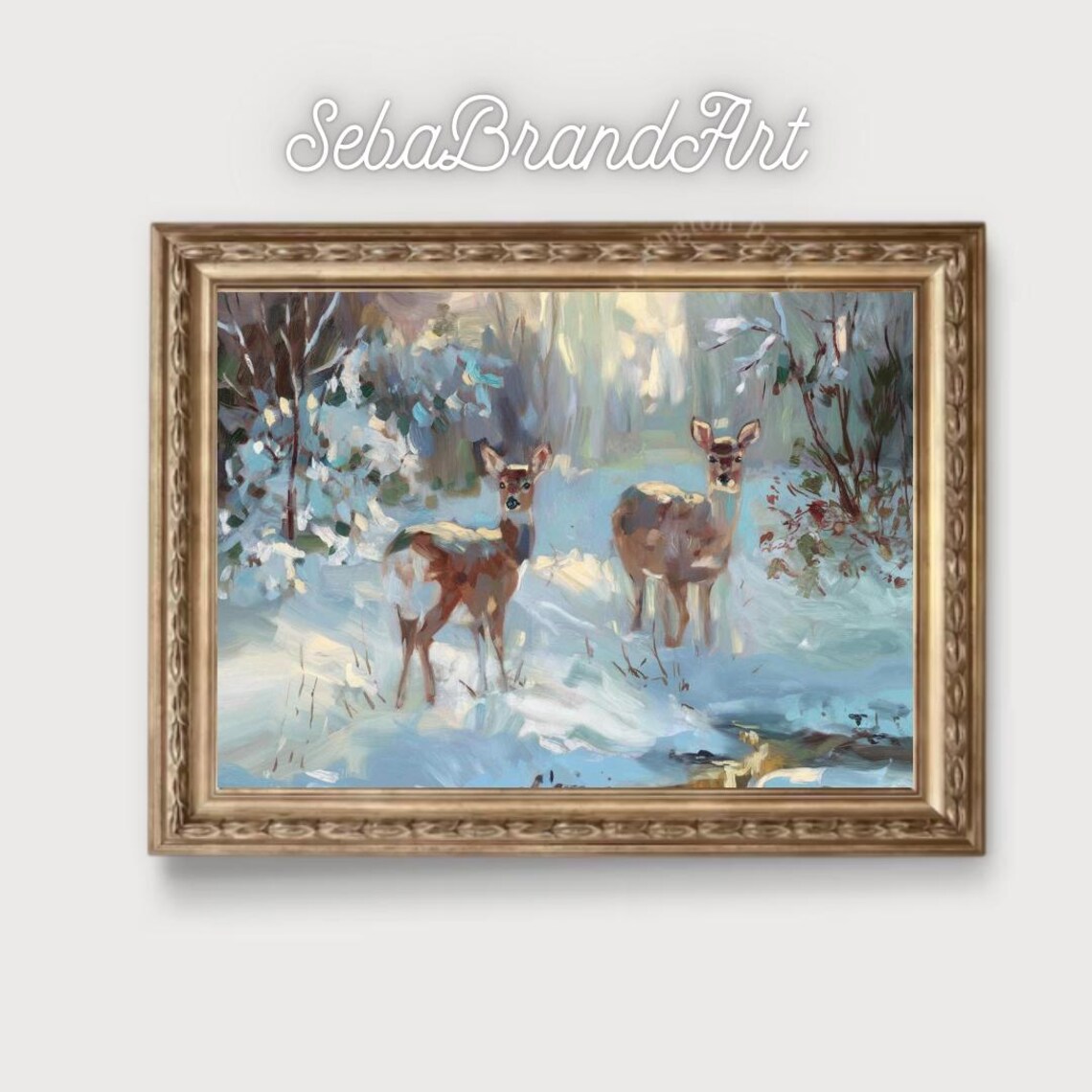 Two Deer In Sunlit Snowy Woodland Impressionist Winter Wildlife Art Print - Image 2