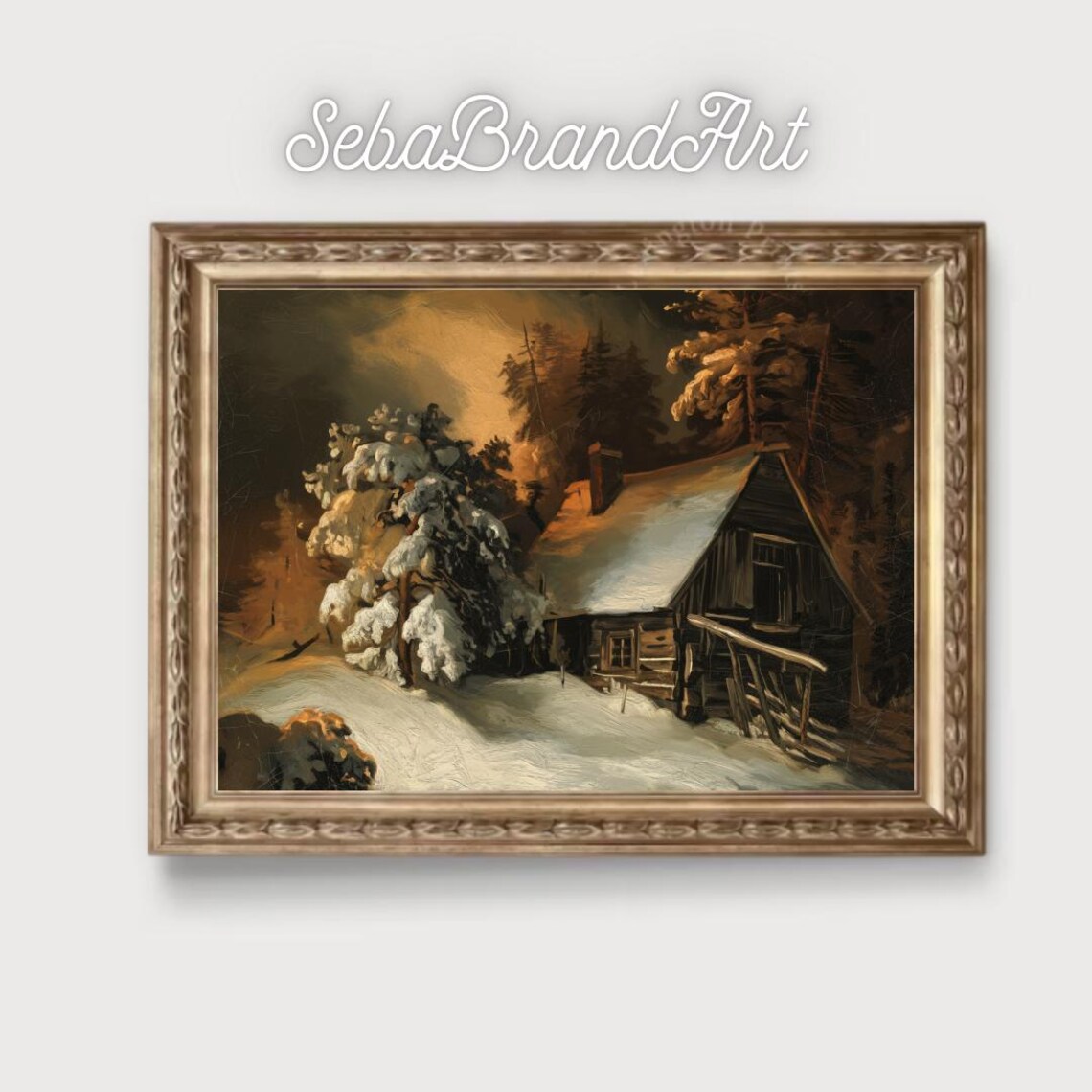 Moonlit Snowy Cabin In Dark Woods Baroque Winter Landscape Poster - Image 2
