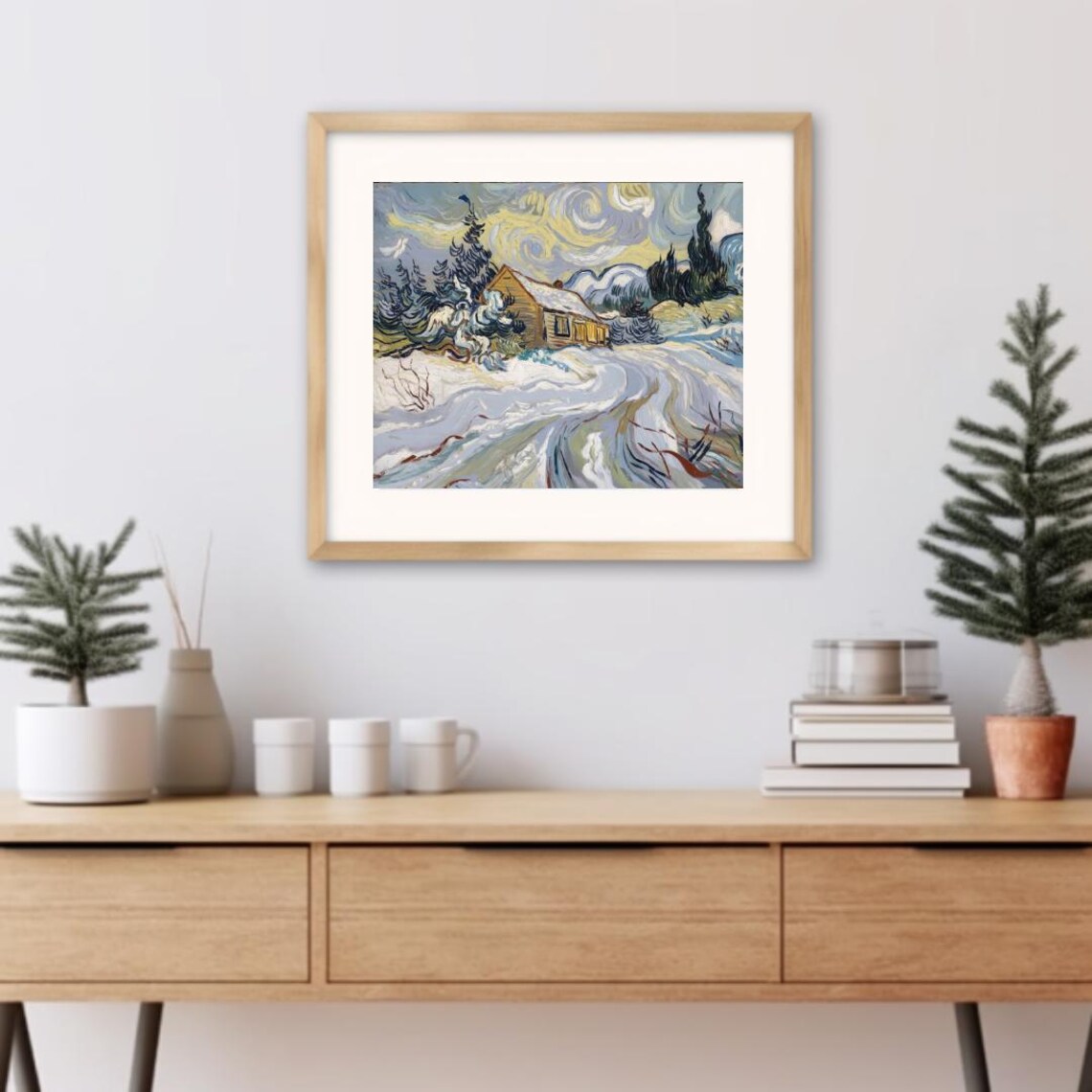 Van Gogh Inspired Snowy Cabin Under Swirling Winter Clouds Poster - Image 3