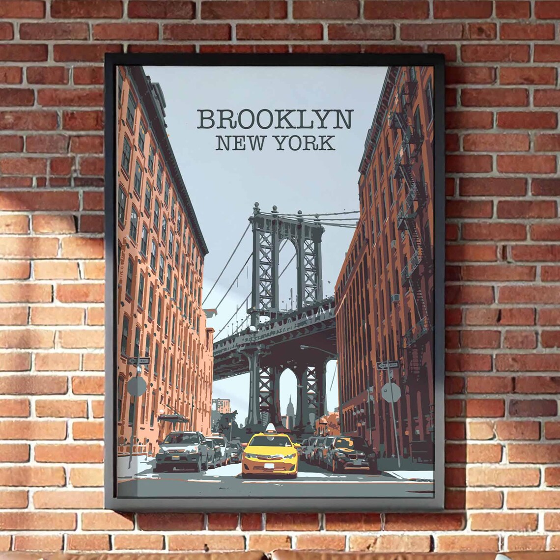 Brooklyn New York Manhattan Bridge Dumbo Vintage Yellow Taxi Poster