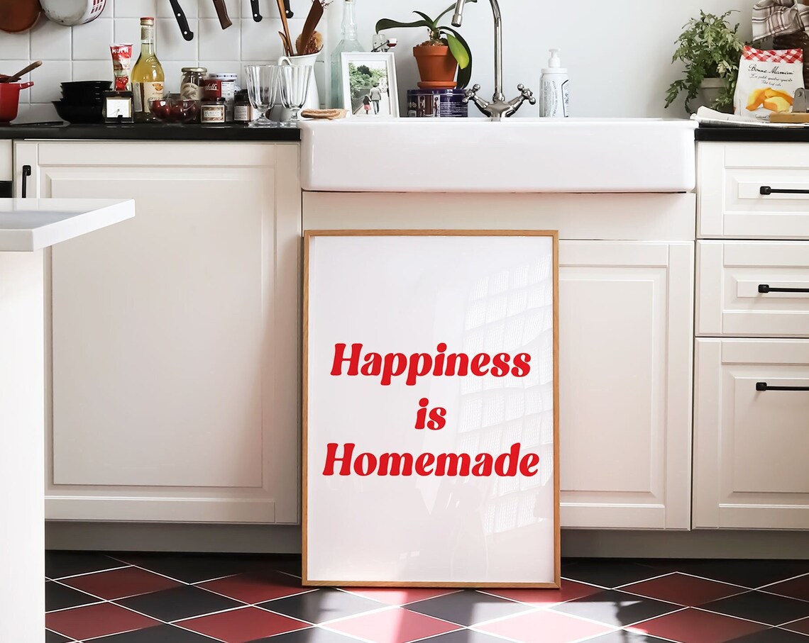 Happiness is Homemade Red Typography Minimalist Kitchen Quote Poster