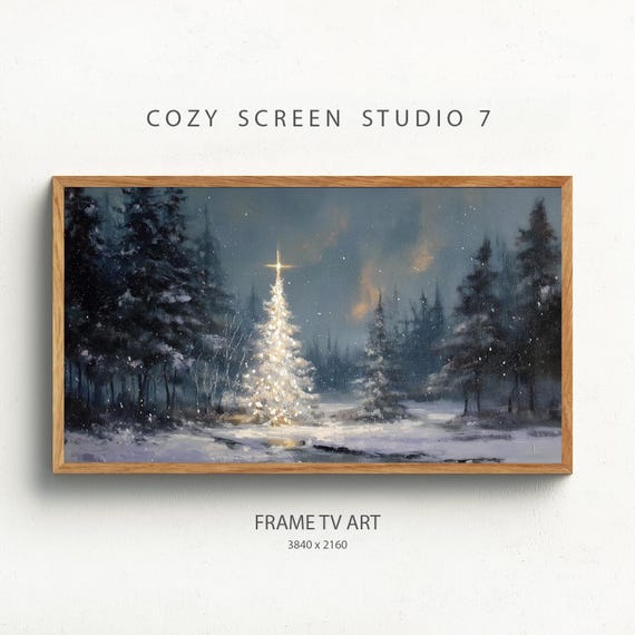 Christmas Tree Frame Tv Art Vintage Pine Holiday Painting