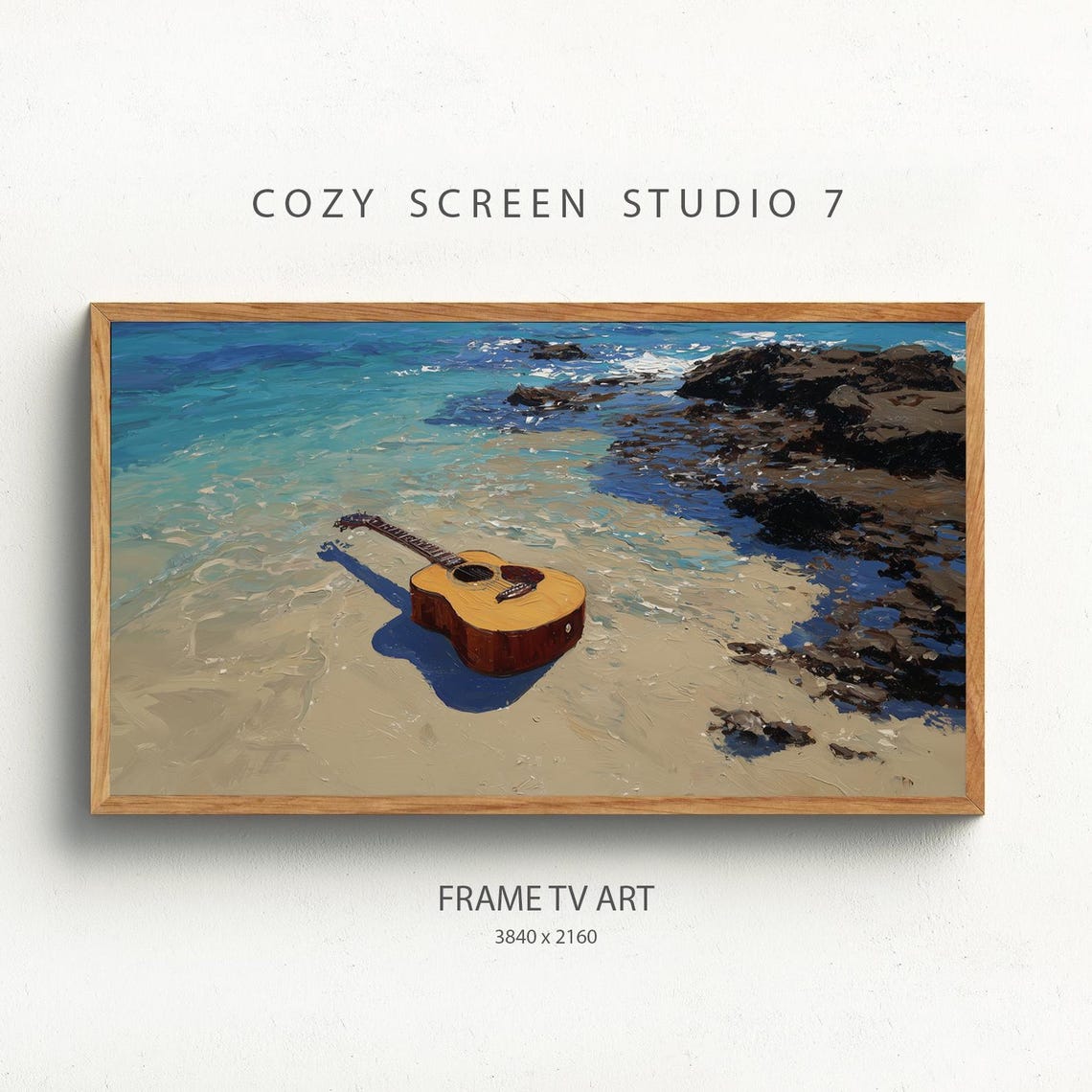 Acoustic Guitar on Tropical Beach Shore Ocean Wave Art Poster
