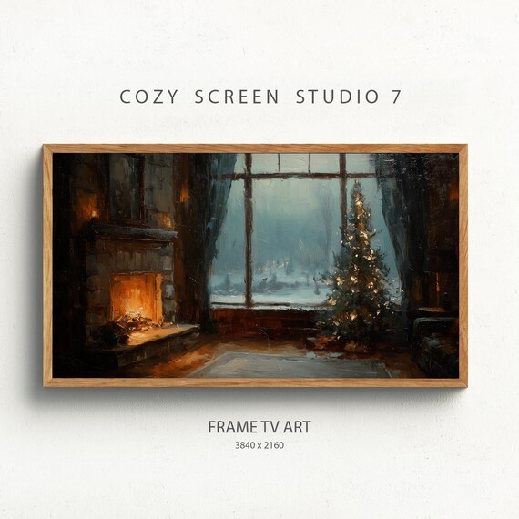 Christmas Fireplace Snowy Window Tree Cozy Night Painting Poster