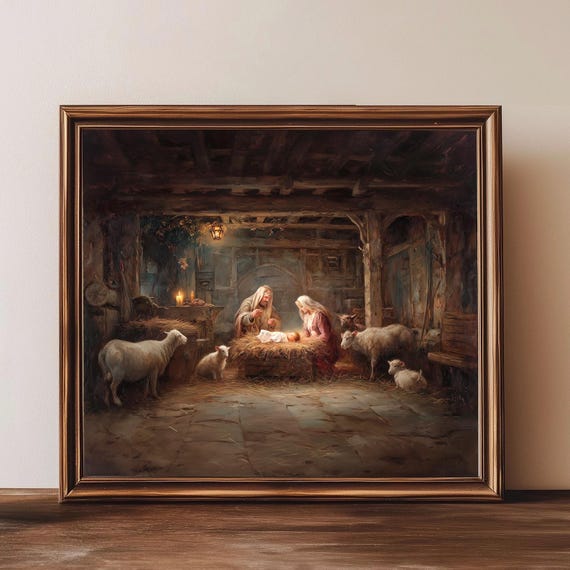Vintage Nativity Scene Wall Art Rustic Christmas Manger Print