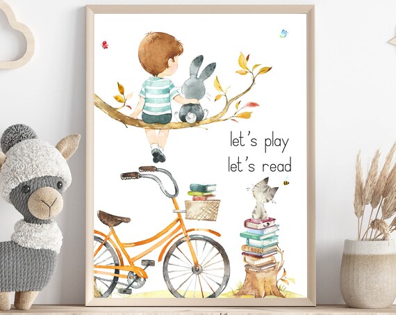 Lets Play Lets Read Boy Bunny Orange Bike Kids Playroom Poster