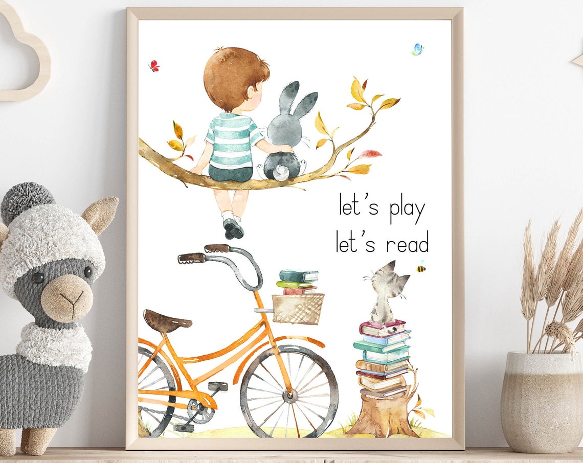 Lets Play Lets Read Boy Bunny Orange Bike Kids Playroom Poster