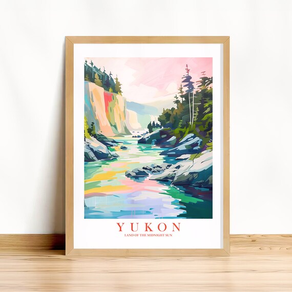 Yukon Land of the Midnight Sun River Canyon Watercolor Travel Poster
