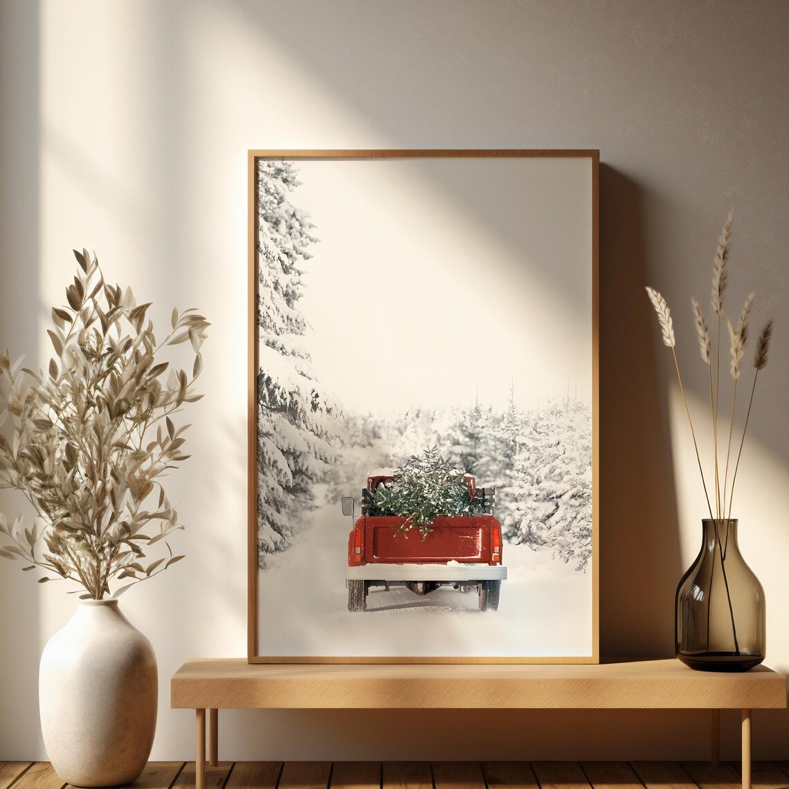 Vintage Red Truck Hauling Christmas Tree Snowy Road Art Poster