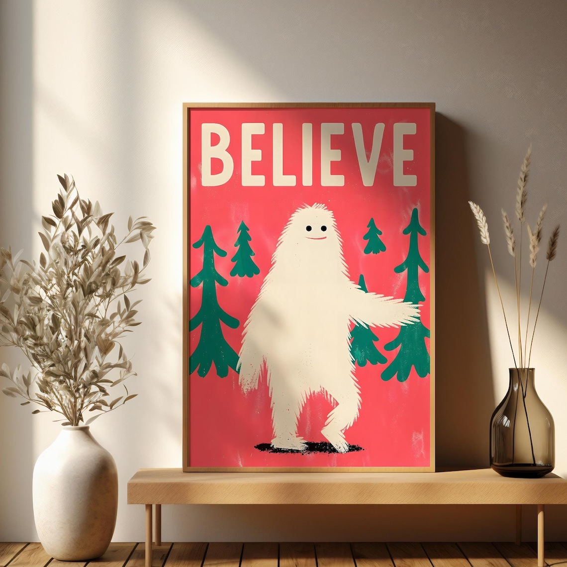 Believe White Yeti Retro Pink Christmas Winter Holiday Art Poster - Image 2