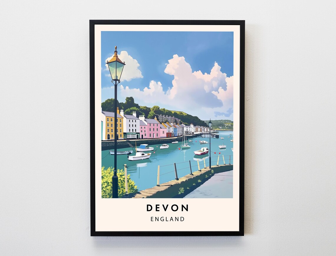 Devon England Colourful Harbour Boats Pastel Waterfront Travel Poster