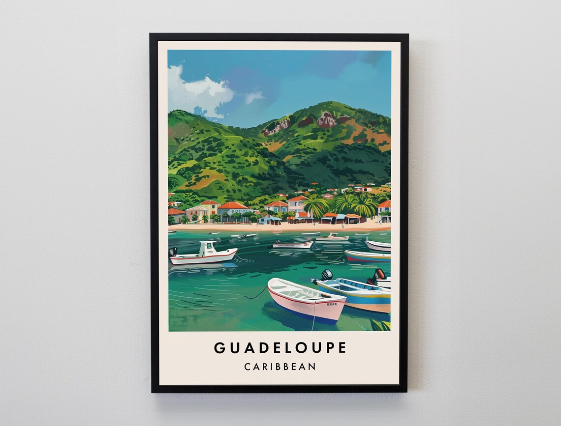 Guadeloupe Caribbean Fishing Boats Green Hills Bay Travel Poster