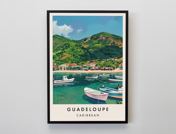 Guadeloupe Caribbean Fishing Boats Green Hills Bay Travel Poster
