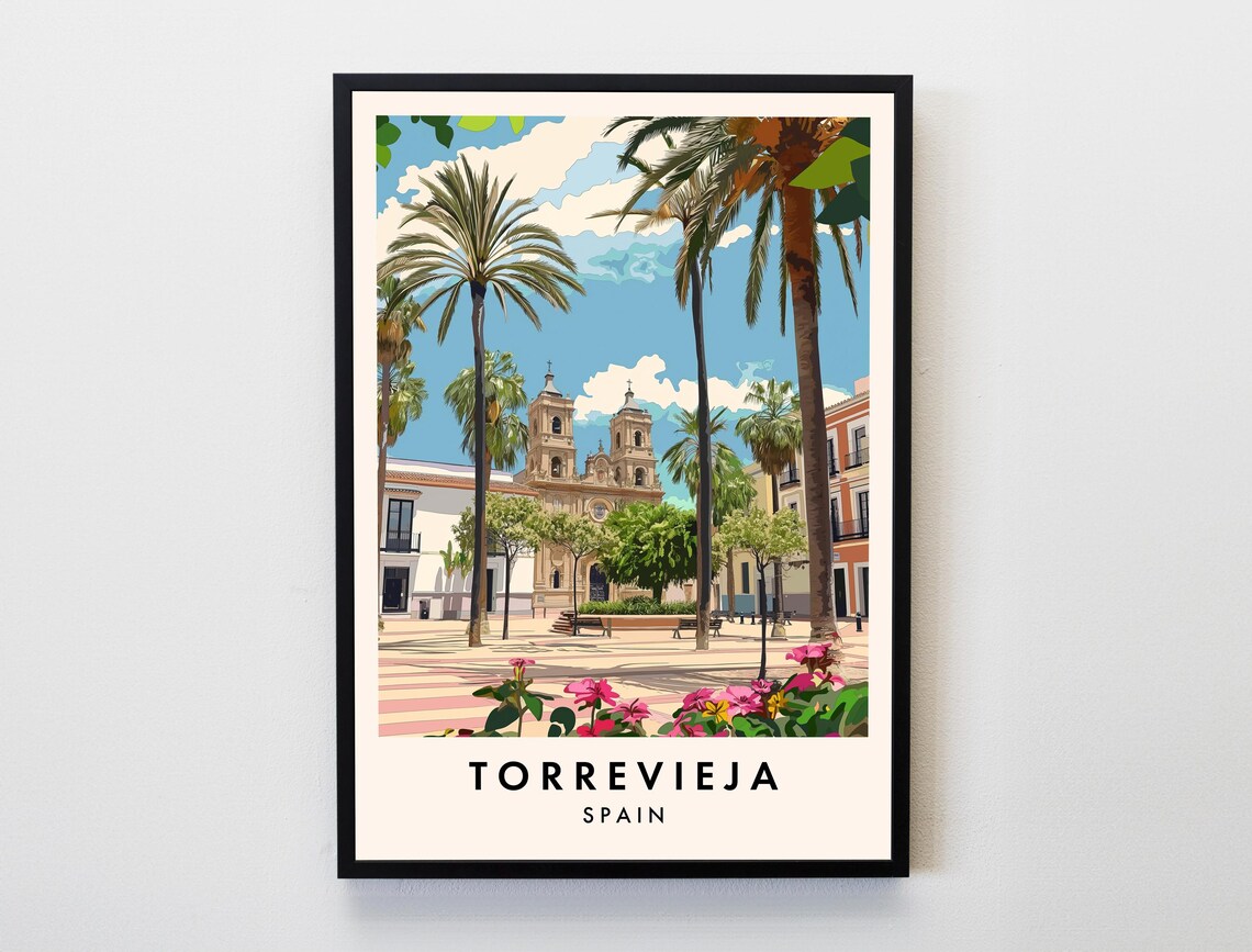 Torrevieja Spain Sunny Plaza Palms Historic Church Travel Poster