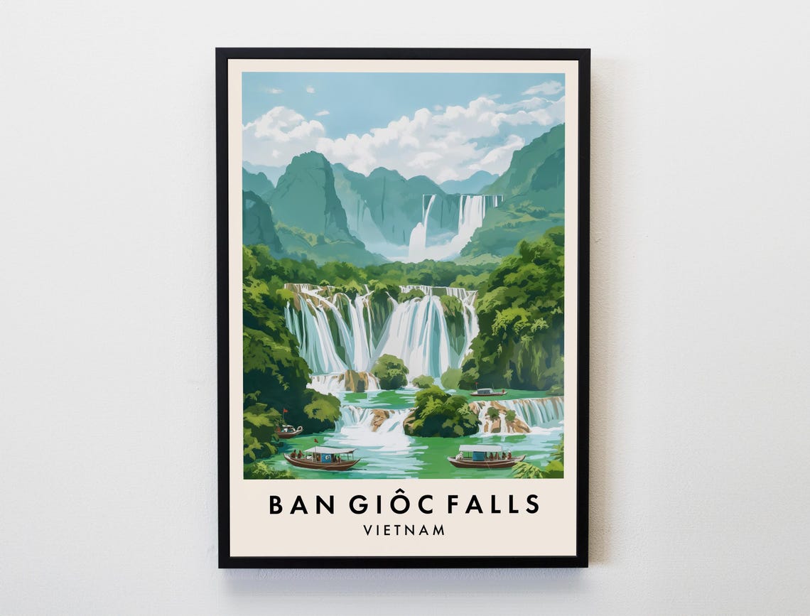 Ban Gioc Falls Vietnam Cascading Waterfall Jungle Retro Travel Poster