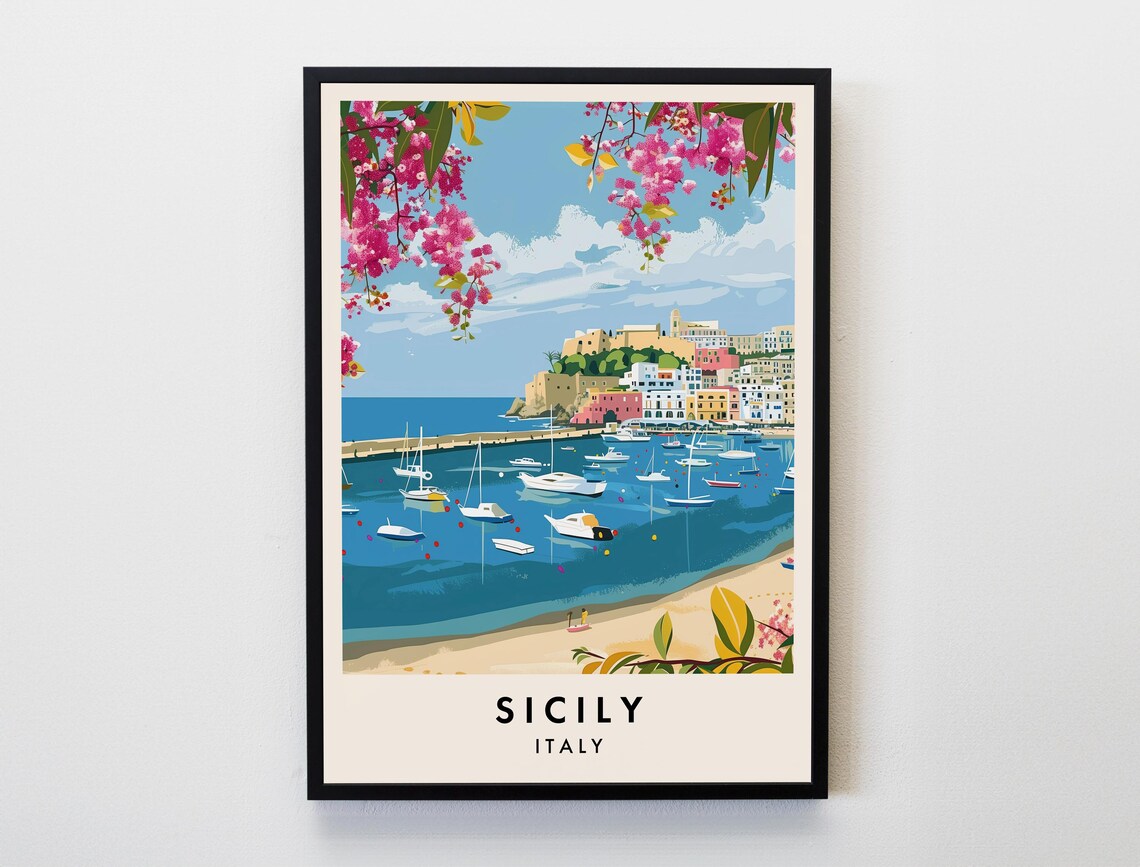 Sicily Italy Harbor Town Fishing Boats Bougainvillea Travel Poster