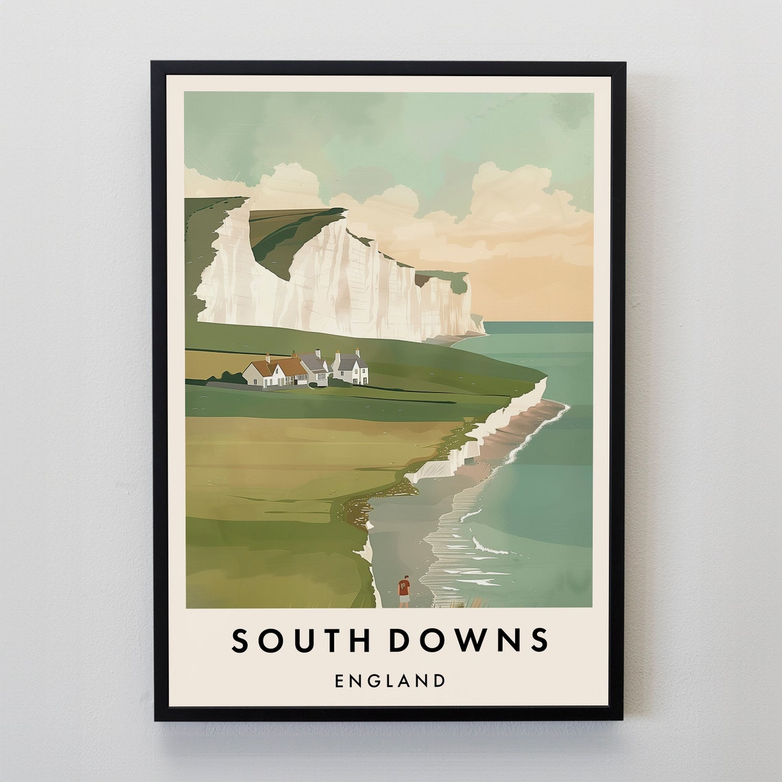 South Downs England White Chalk Cliffs Vintage Travel Poster