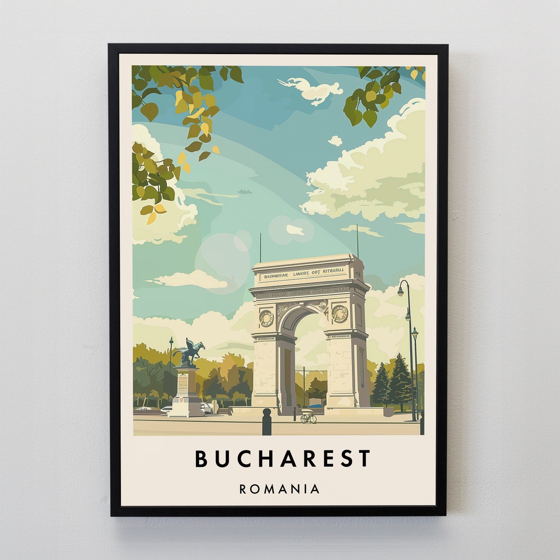 Bucharest Romania Arcul de Triumf Travel Poster on a Sunny Boulevard