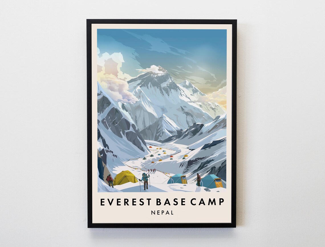 Everest Base Camp Nepal Snow Peaks Tents Climbers Travel Poster