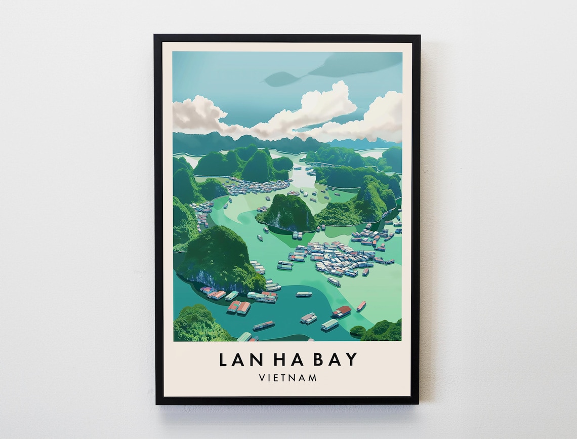 Lan Ha Bay Vietnam Floating Villages Aerial Retro Travel Poster
