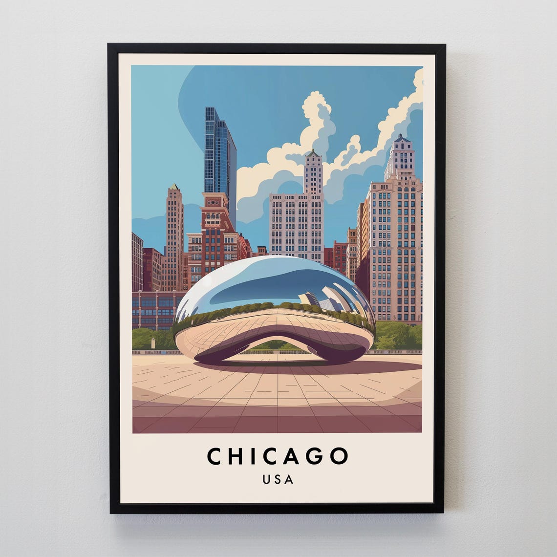Chicago Cloud Gate Sculpture Millennium Park Skyline Travel Poster