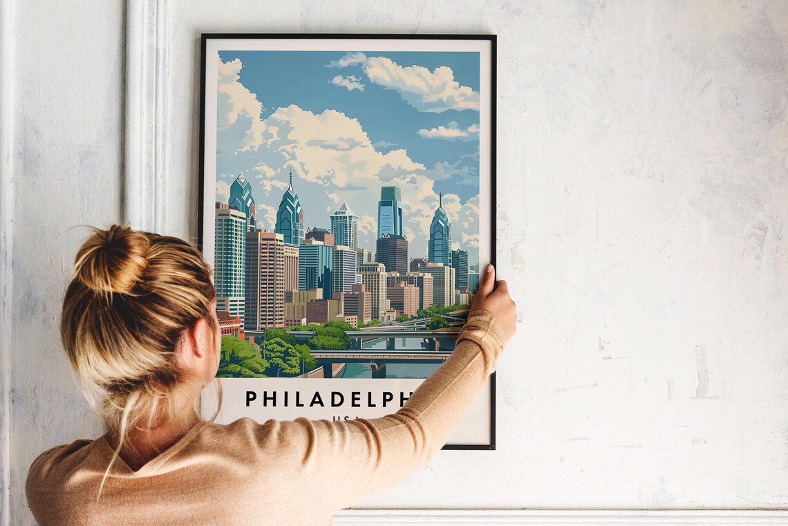 Philadelphia USA Retro Travel Illustration of the City Skyline Poster - Image 2