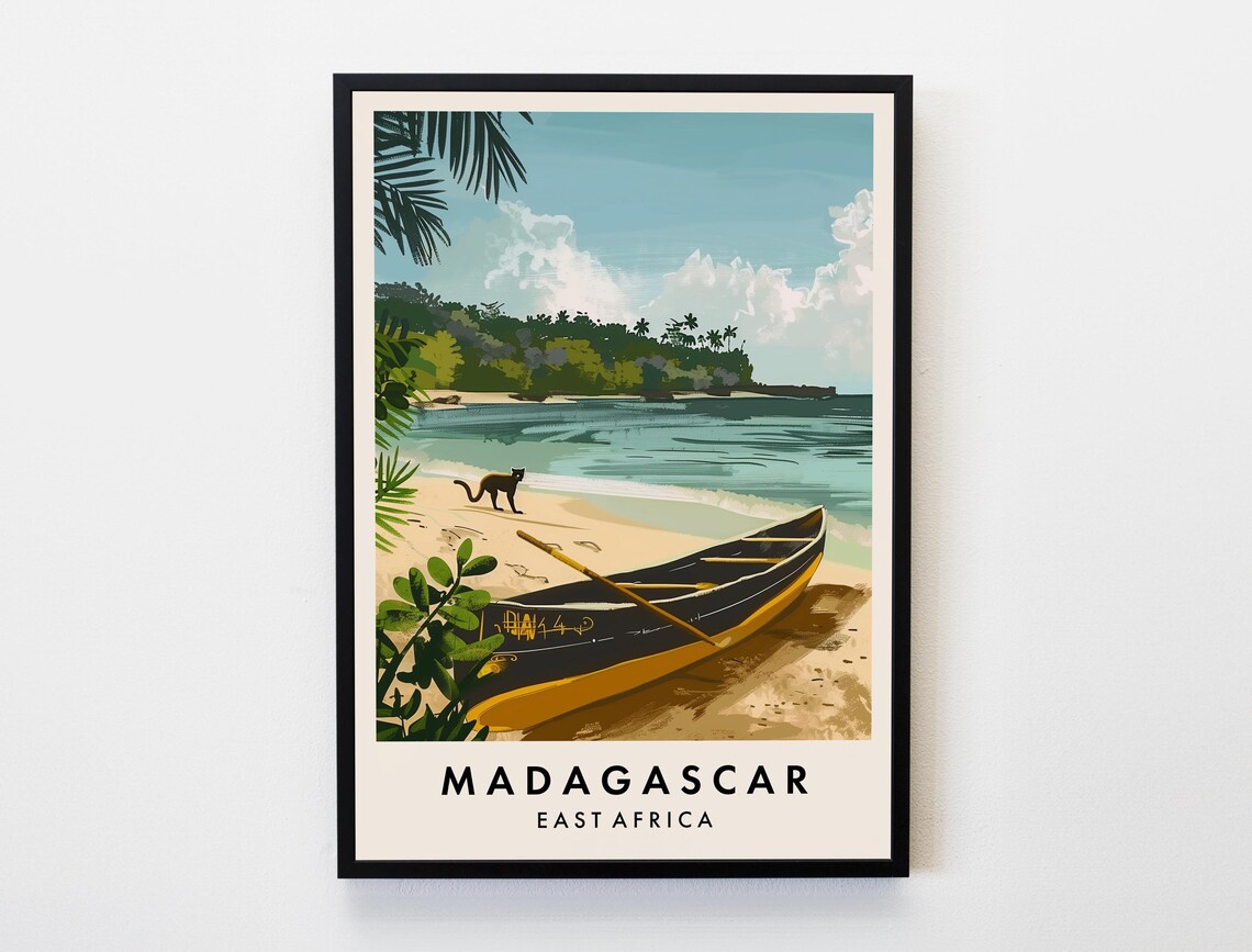 Madagascar East Africa Canoe Lemur Beach Lagoon Island Travel Poster