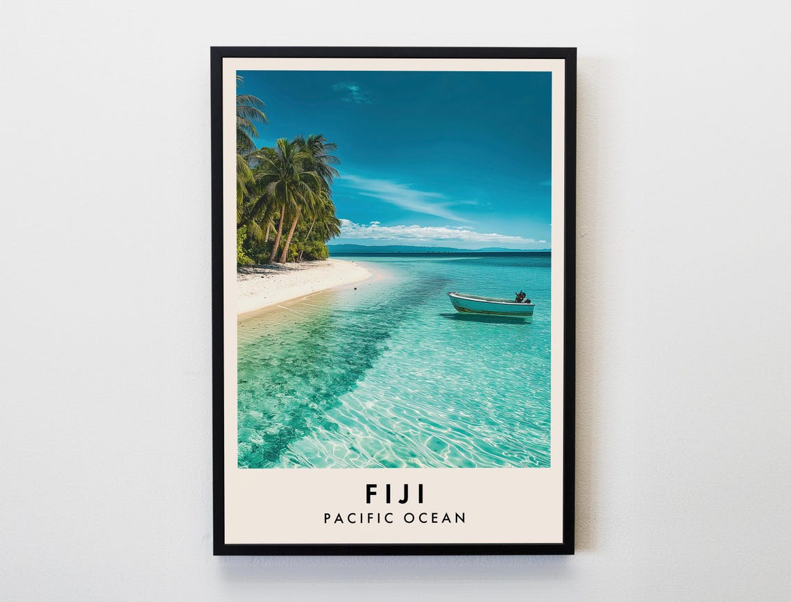 Fiji Pacific Ocean Beach Palms Boat Turquoise Lagoon Art Poster