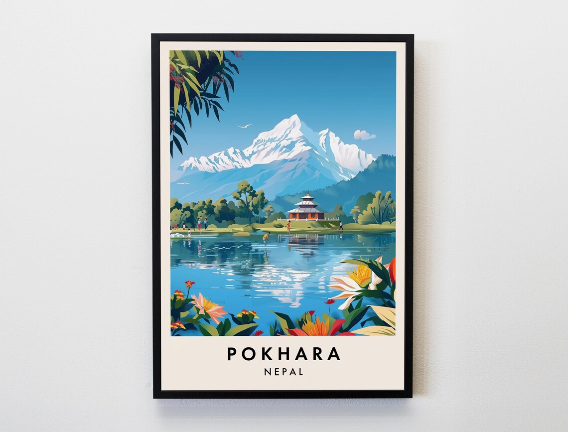 Pokhara Nepal Lakeside Temple Mountain View Vintage Travel Poster