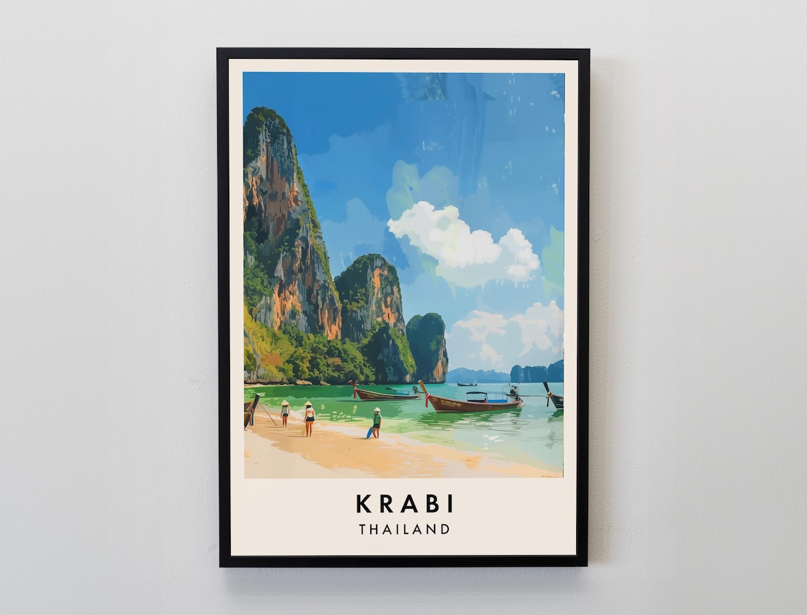 Krabi Thailand Longtail Boats Limestone Cliffs Vintage Poster