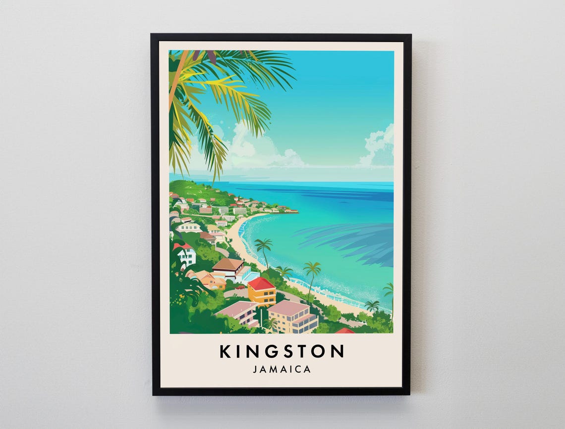 Kingston Jamaica Turquoise Bay and Palm Hills Vintage Travel Poster