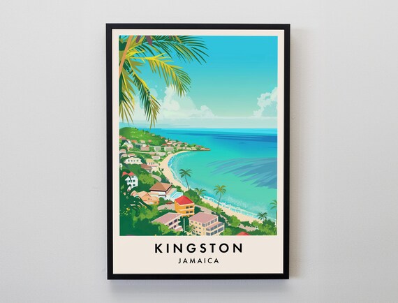 Kingston Jamaica Turquoise Bay and Palm Hills Vintage Travel Poster